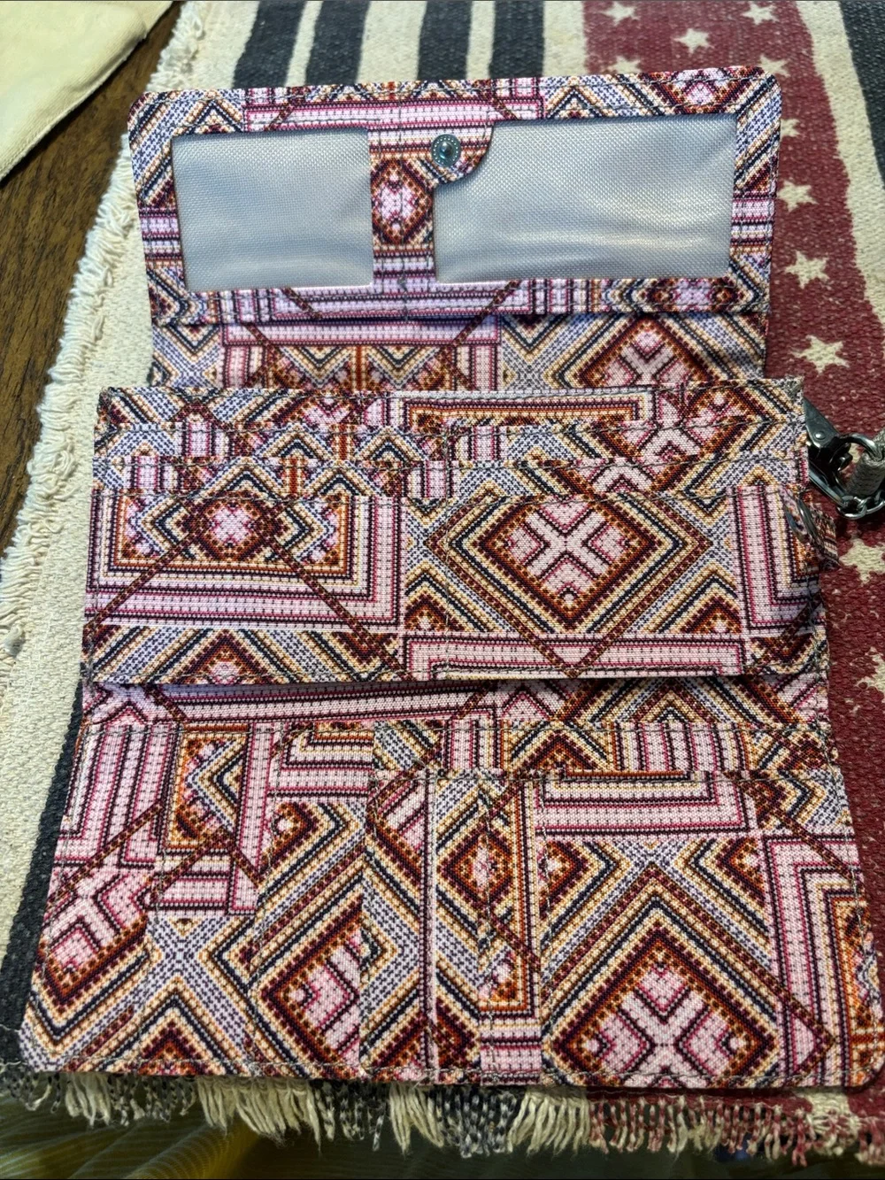 Kipling Pink and Orange Geometric Wristlet Wallet with Monkey Charm
